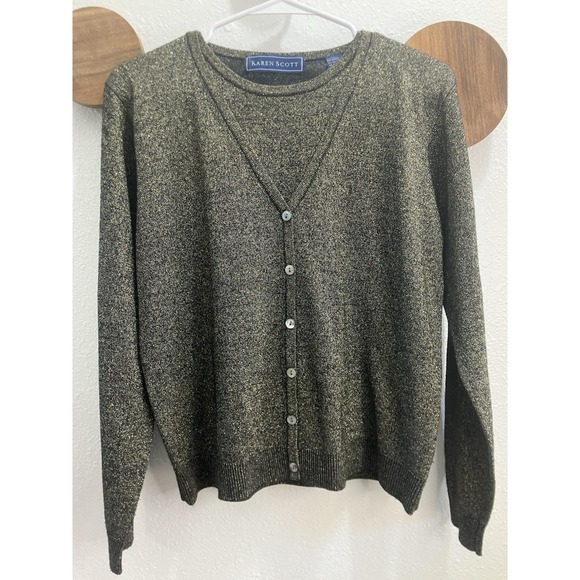 Karen Scott Sweaters - RARE‎ VTG Karen Scott Cardigan Sweater Black &Gold Metallic NYE NIGHT OUT PARTY